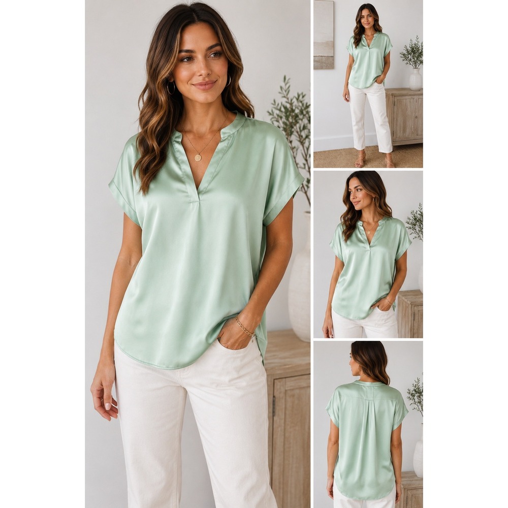 Rachel Roy Mint Green Satin Blouse XL Dolman Sleeve Split Neck Relaxed Top